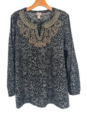 Chicos 2 women's blouse top size large  Black Tunic  Embroidered Long Sleeve